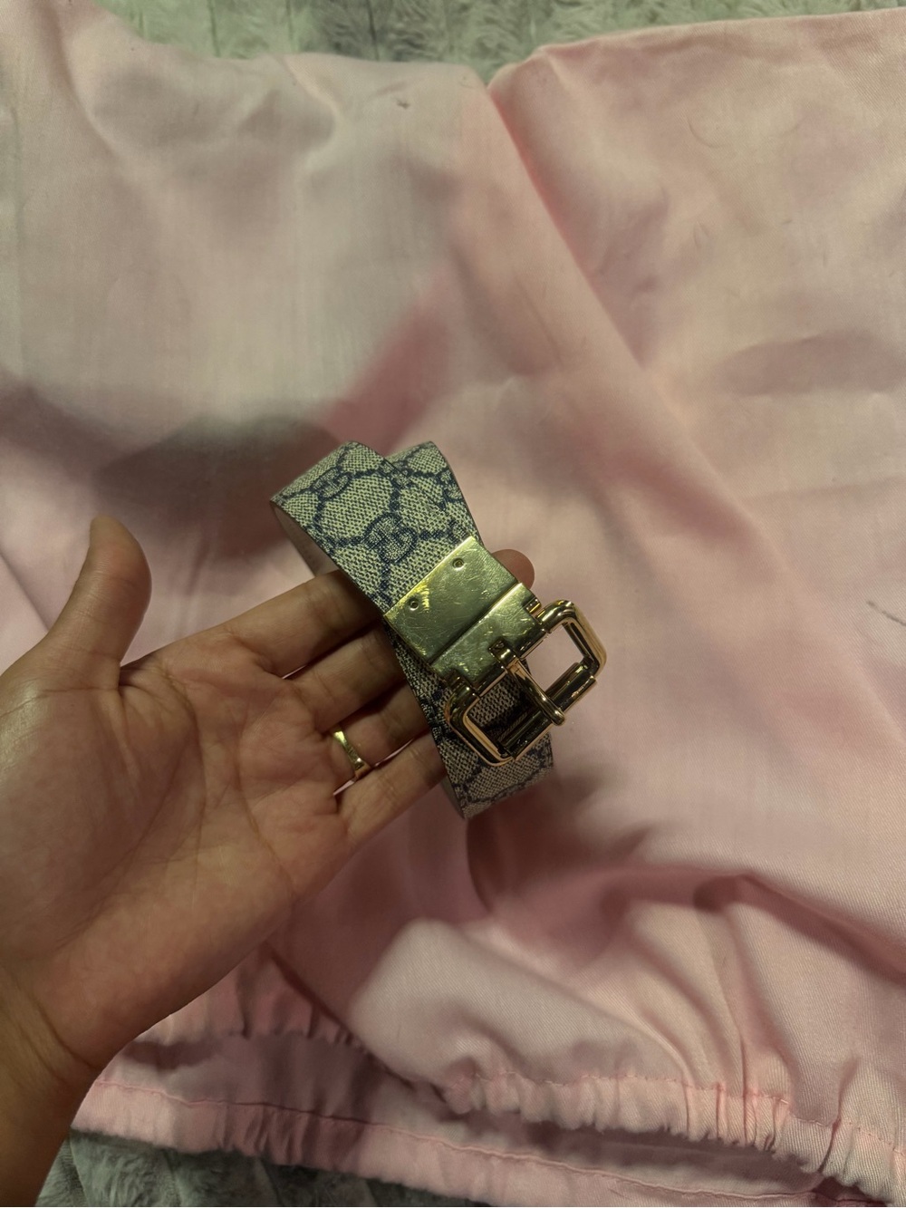 Gucci Beige and Blue Monogram Belt with  reversible Gold Buckle